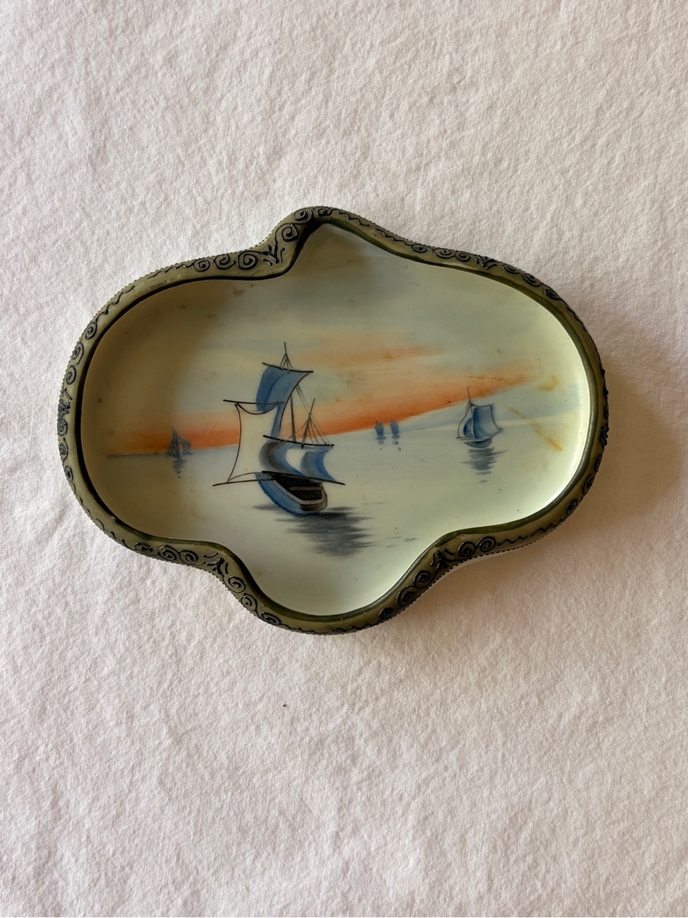 Nippon Hand Painted Antique Pastel Ship Sailboat Trinket Dish Ash Tray Nautical